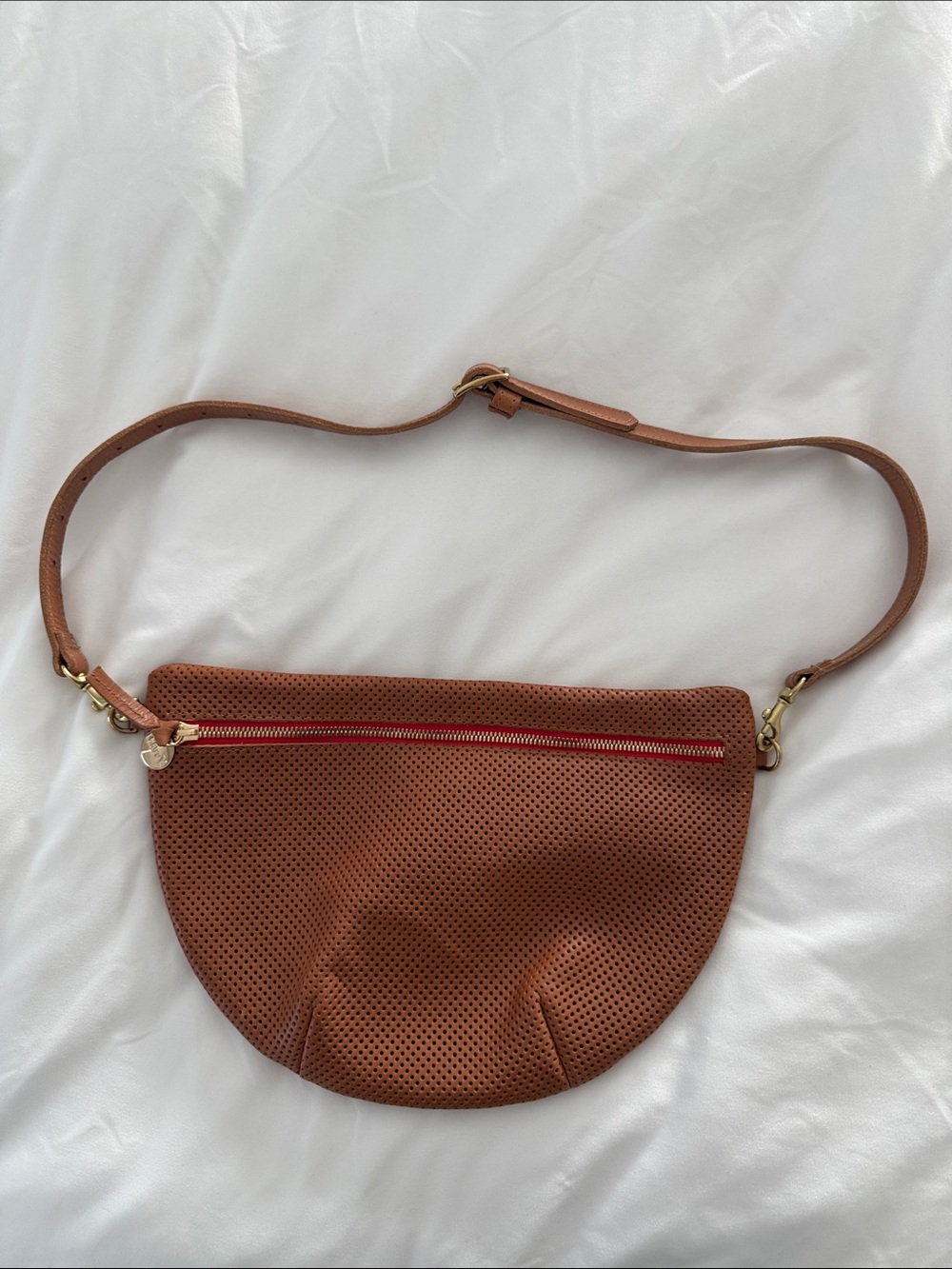 Clare V Perforated Brown Leather Crossbody with Red Zip